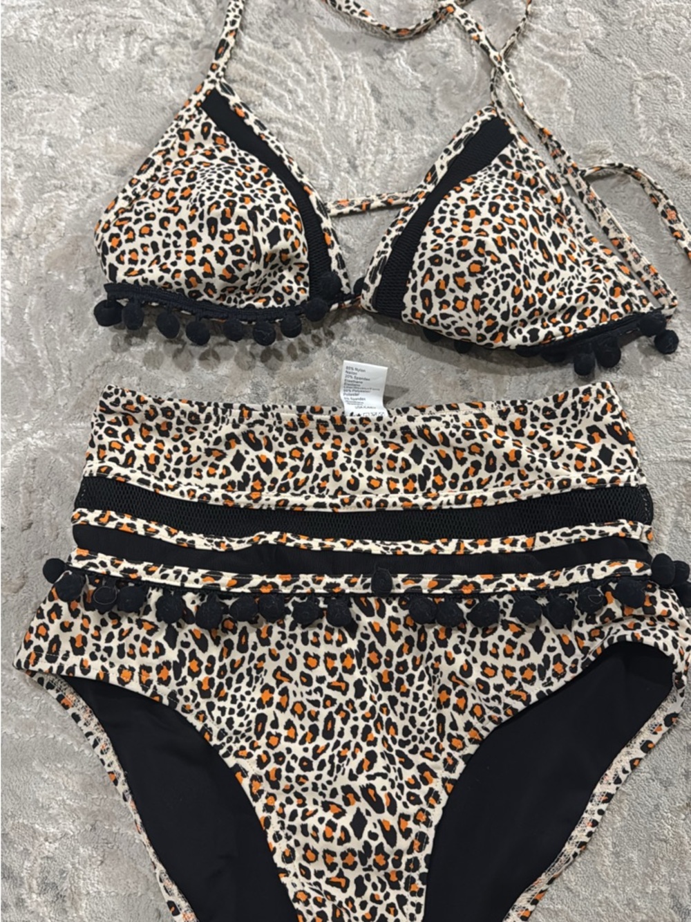 Leopard Print High-Waist Bikini with Pom Trim